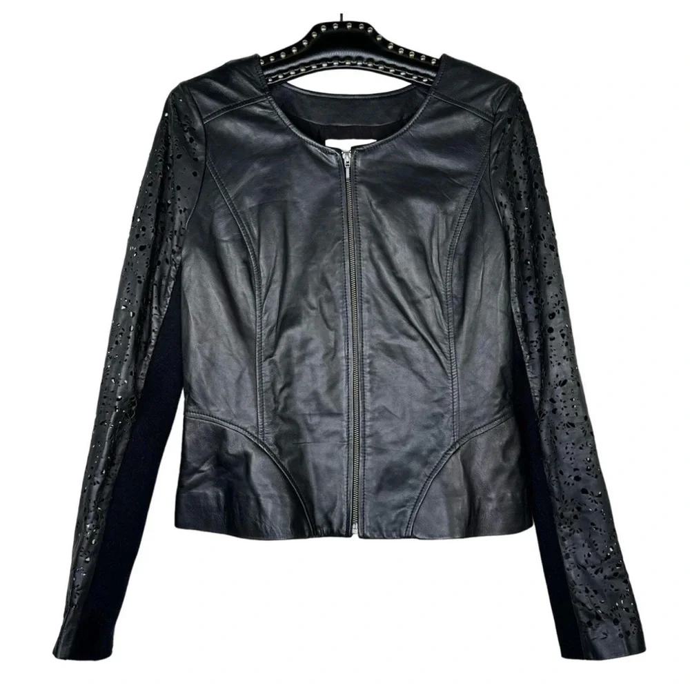 HINGE Seattle Black 💯 Leather Moto Jacket Cut Out Sleeve Women size Medium - Picture 2 of 8